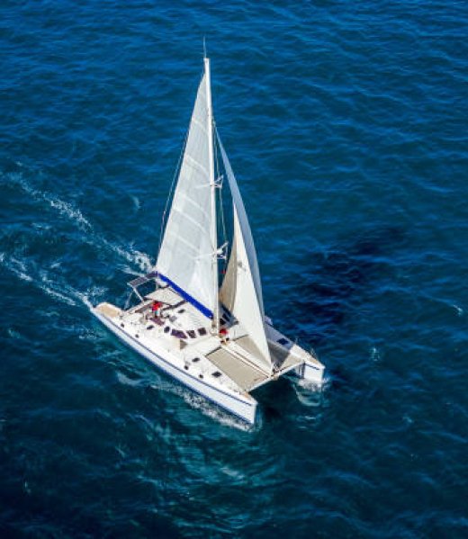 Aerial view of a catamaran navigating in the Indian Ocean